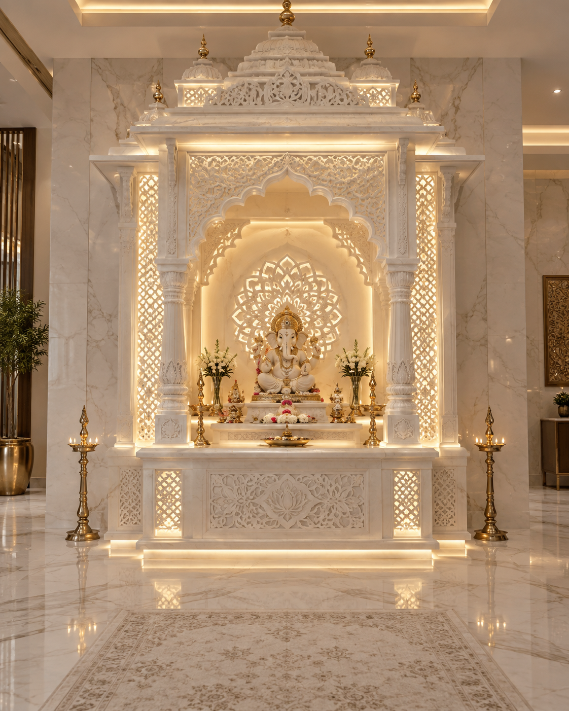 Intricately carved white Ganesha shrine with warm gold lighting